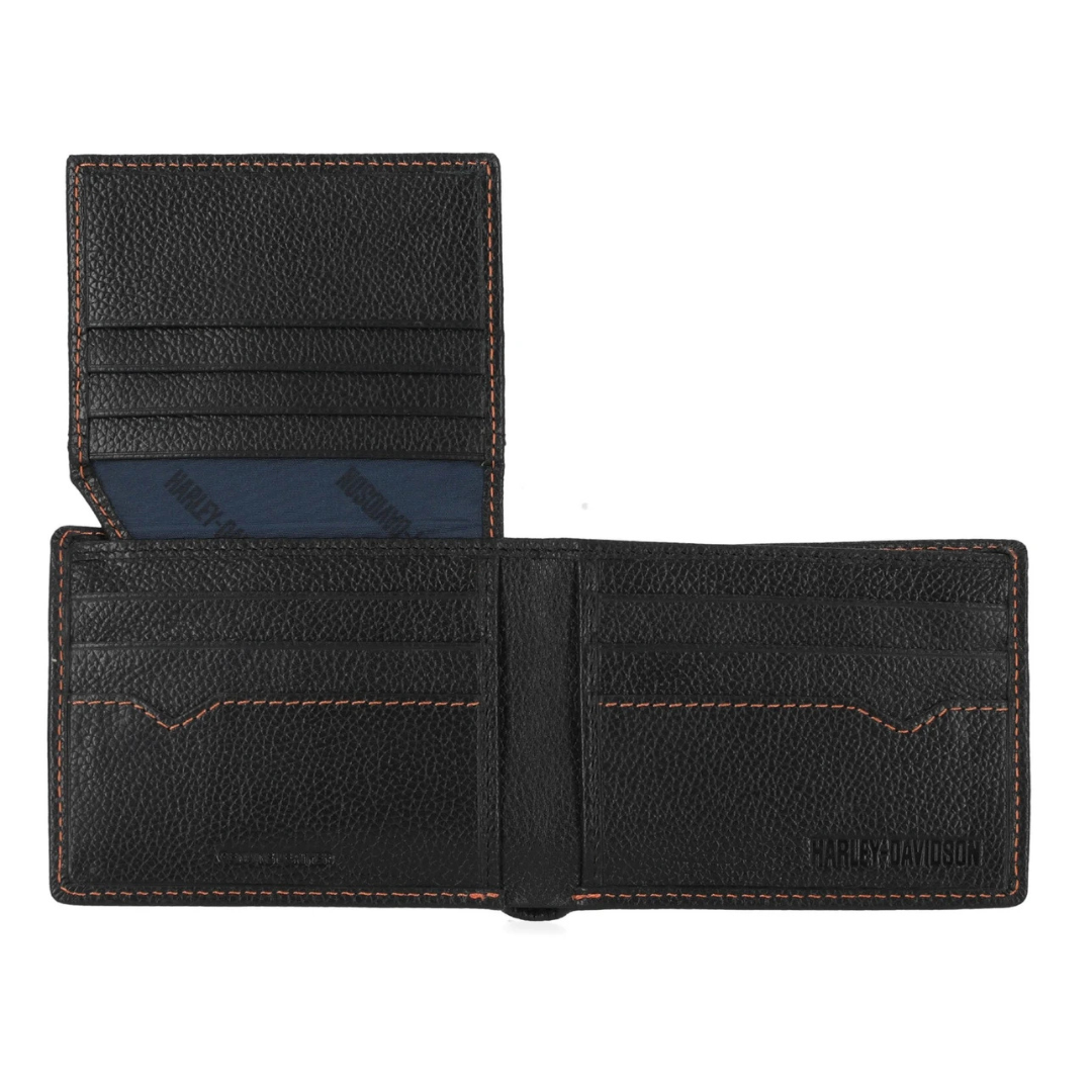 Harley-Davidson Men's Classic Genuine Pebble Leather Skull Passcase Wallet - Black