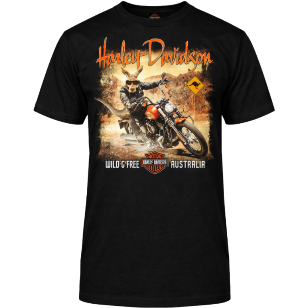 Black t-shirt with Harley Davidson graphic featuring a rider on a motorcycle.