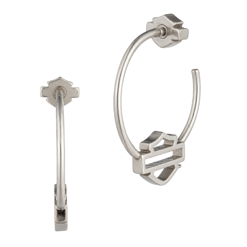 Harley-Davidson Women's 30mm Open Bar & Shield Hoop Earrings - Silver