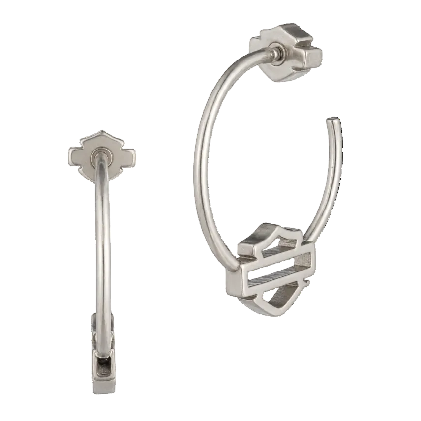 Harley-Davidson Women's 30mm Open Bar & Shield Hoop Earrings - Silver