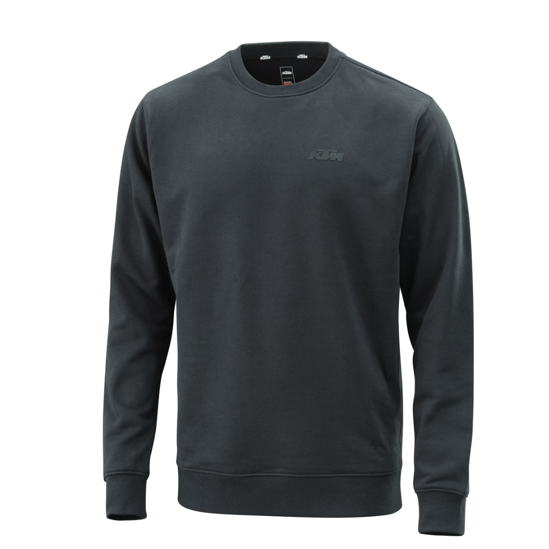 Dark gray sweatshirt with a brand logo on a white background