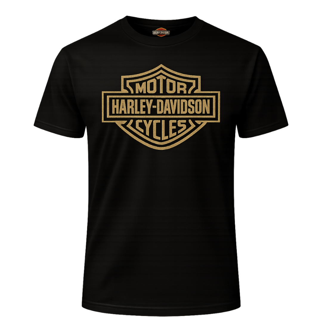 Black t-shirt with gold Harley-Davidson logo on a white background
