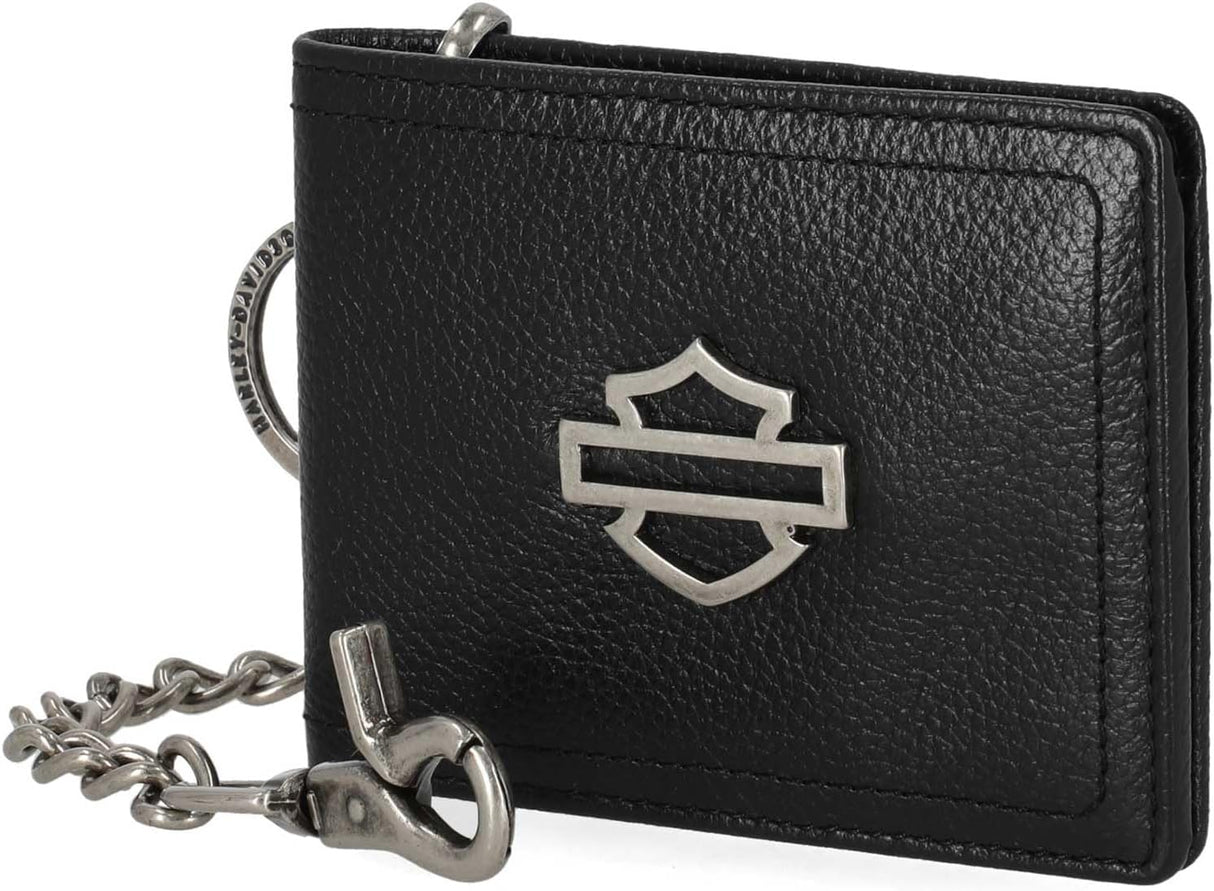 Harley-Davidson Men's Open B&S Slimfold Biker Chain Leather Wallet - Black