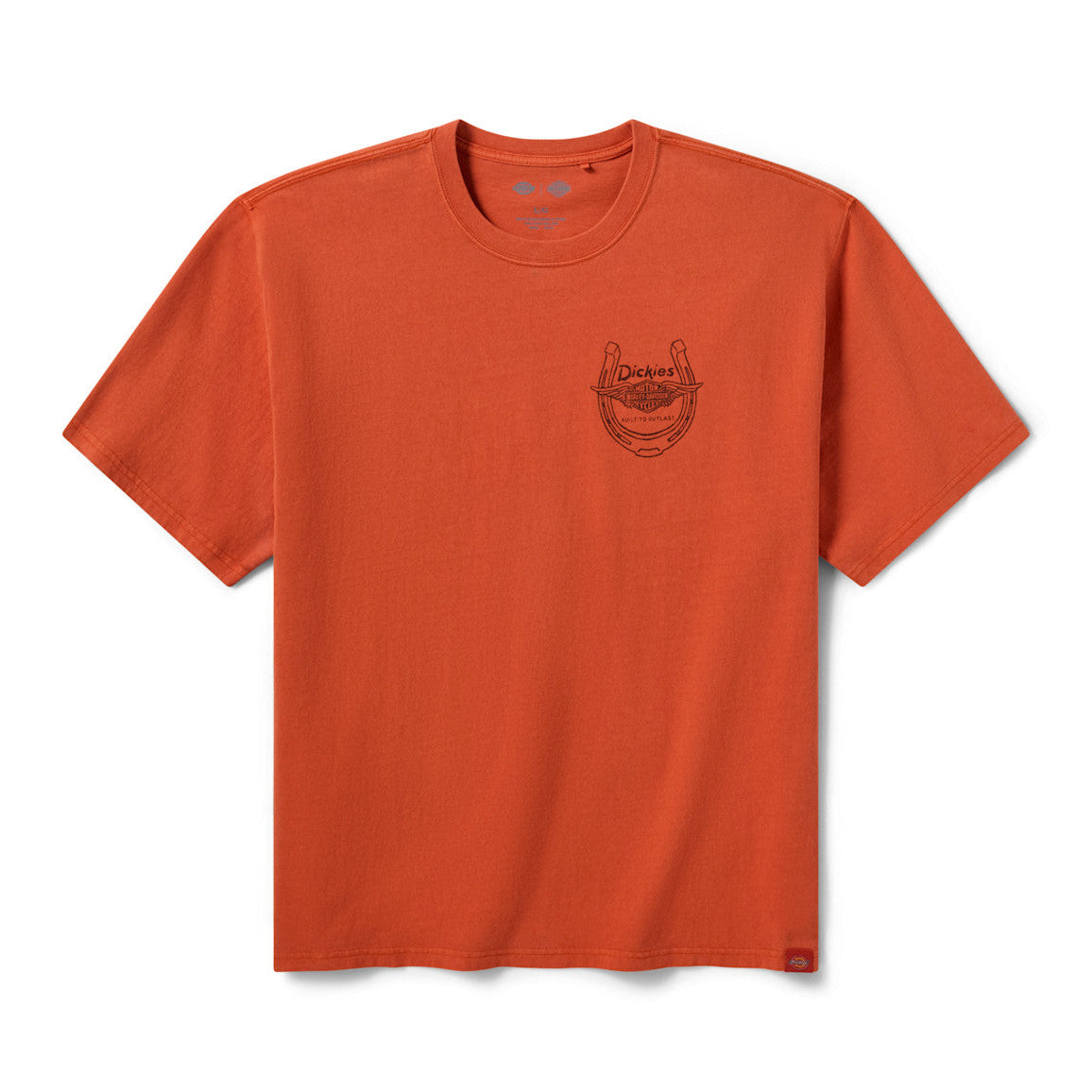 Orange t-shirt with a logo on the chest against a white background