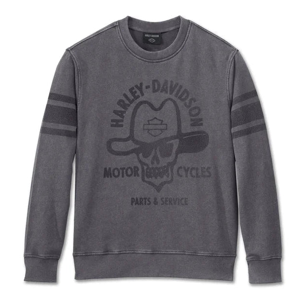 Harley-Davidson Cowboy Rider French Terry Crewneck in gray, featuring a graphic of a skull wearing a cowboy hat, sunglasses, and a hat pin, with the Harley-Davidson logo and text 'MOTORCYCLES PARTS & SERVICE' below it.