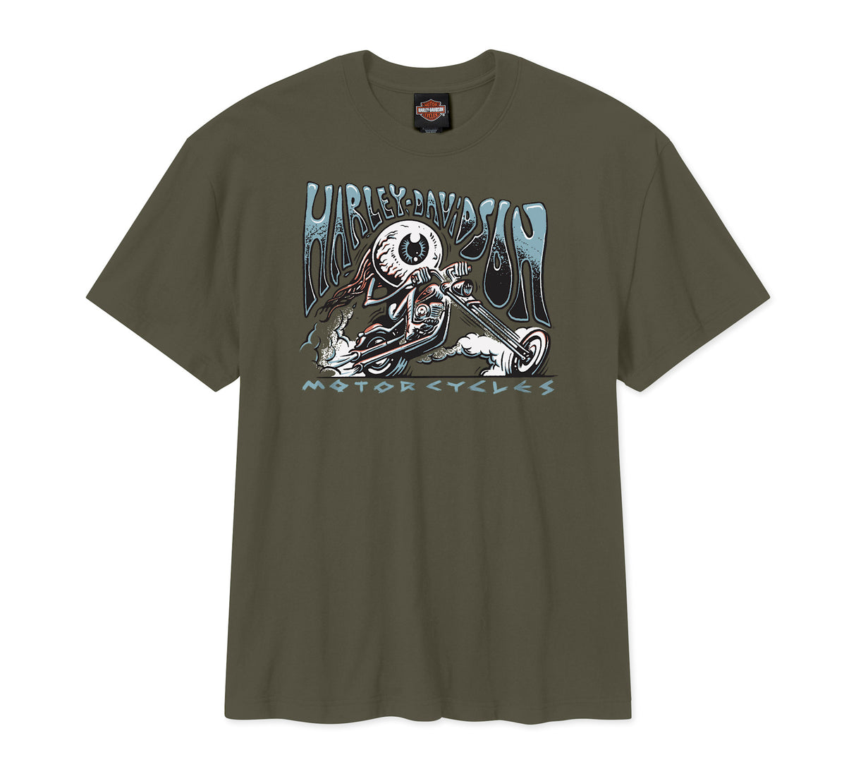 Green t-shirt with Harley-Davidson graphic on a white background
