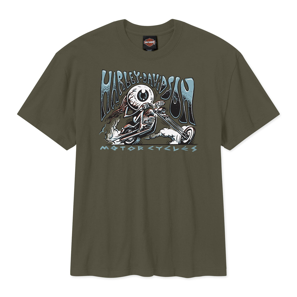 Green t-shirt with Harley-Davidson graphic on a white background