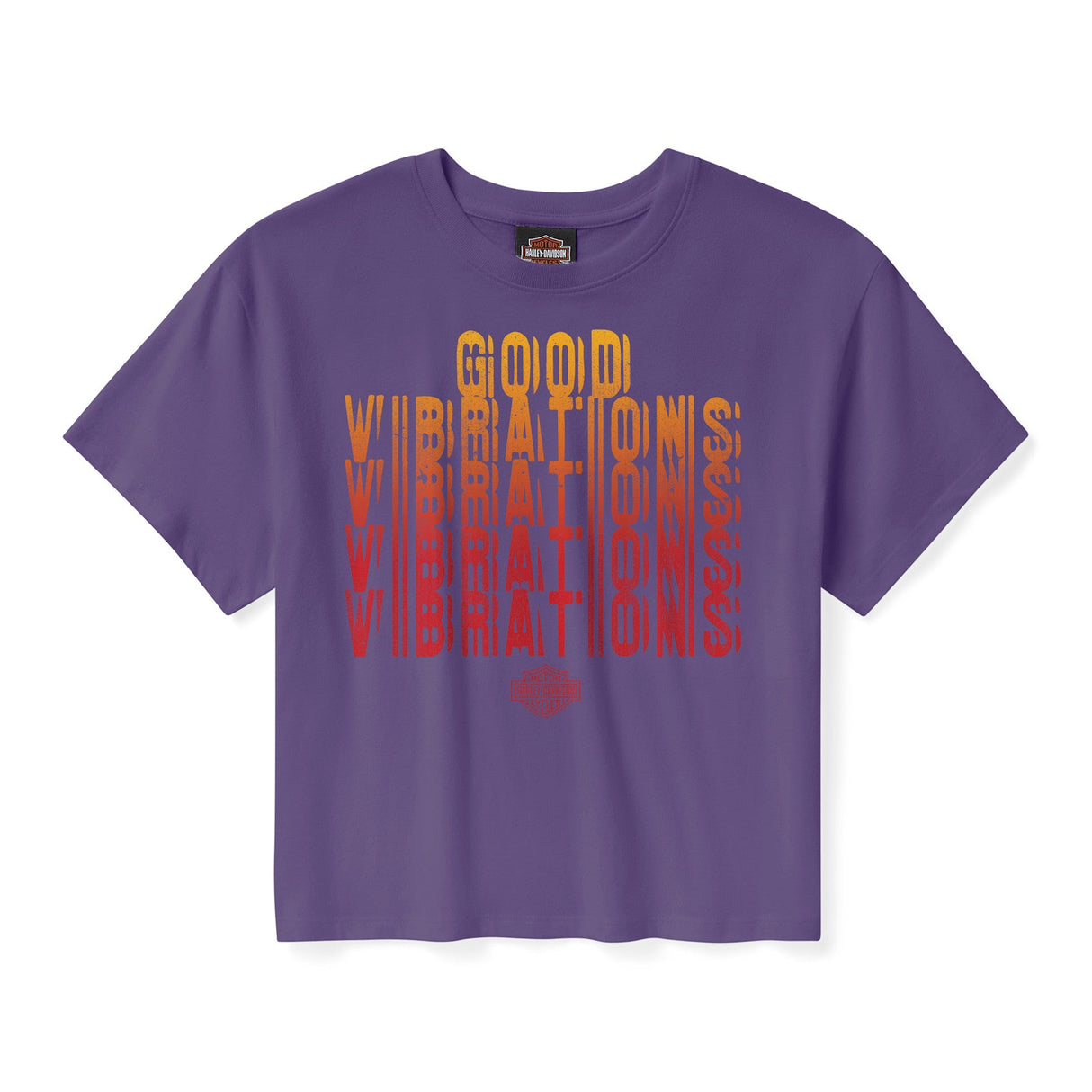 Purple t-shirt with 'Good Vibrations' text design on a white background