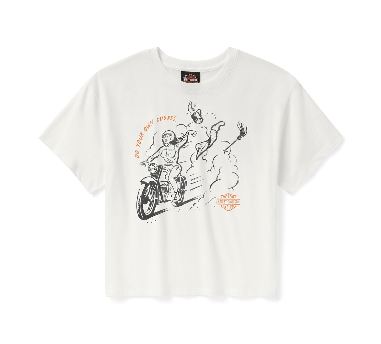 White t-shirt with graphic design and brand logo on a white background