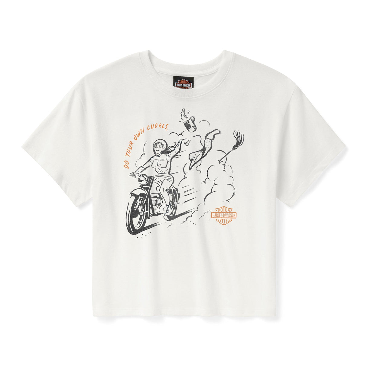 White t-shirt with graphic design and brand logo on a white background