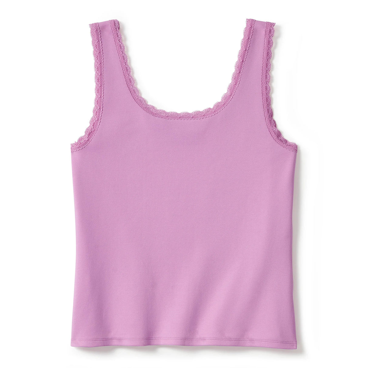 Purple tank top with lace trim on a white background