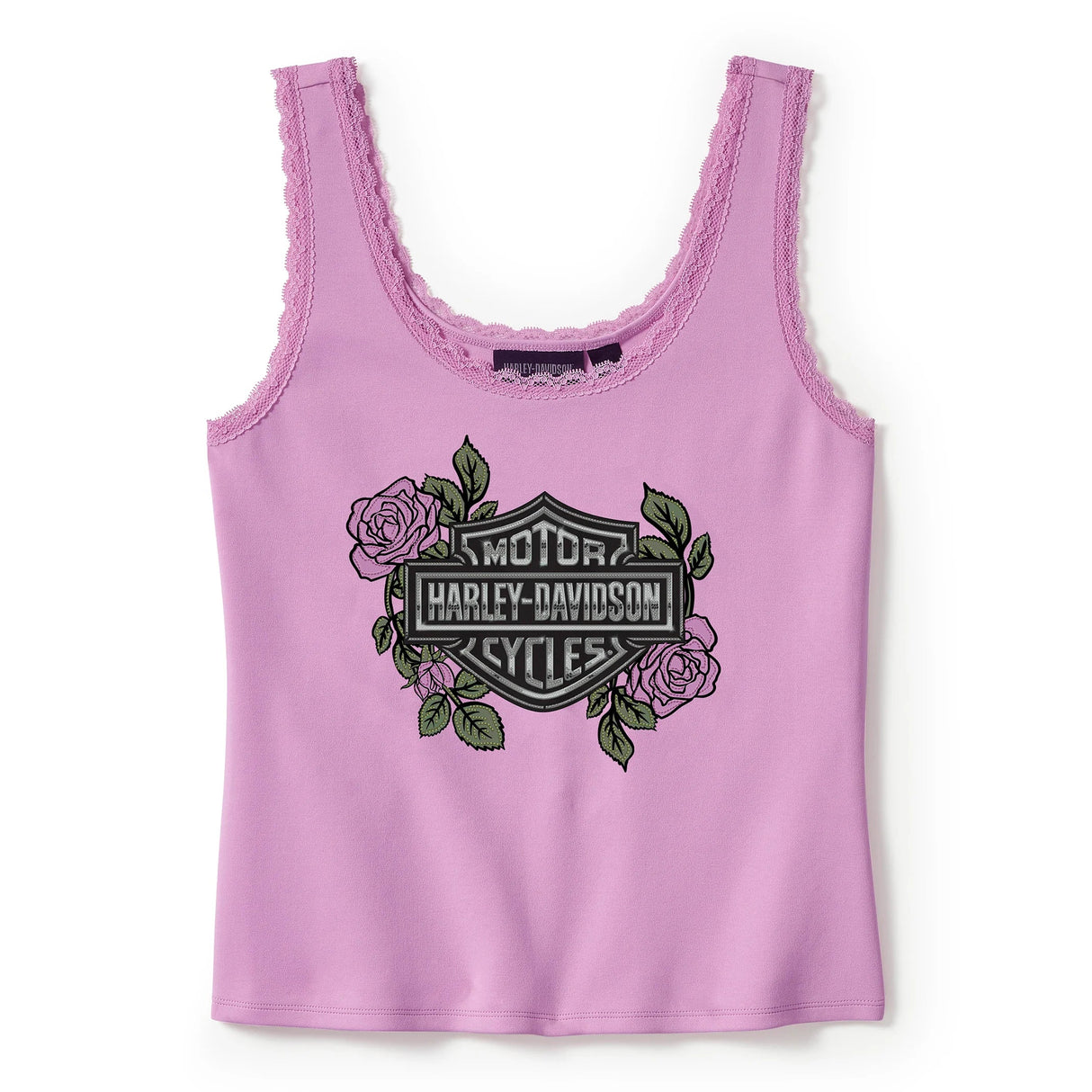 Pink tank top with Harley Davidson logo and roses on a white background