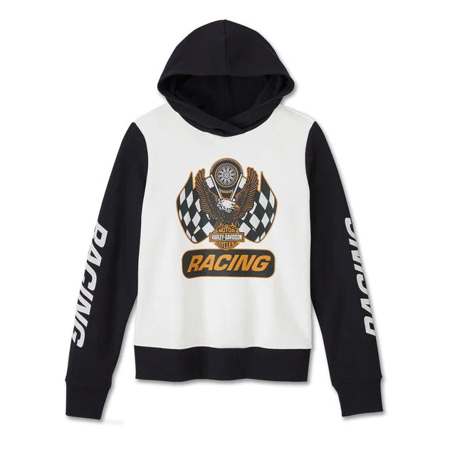 A white and black Harley-Davidson women's hoodie with a racing motif and the brand's logo on the front.