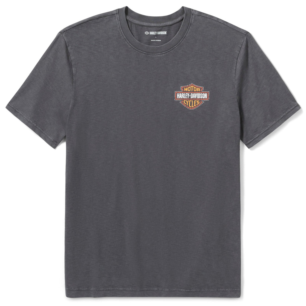 Gray t-shirt with a logo on the chest against a white background