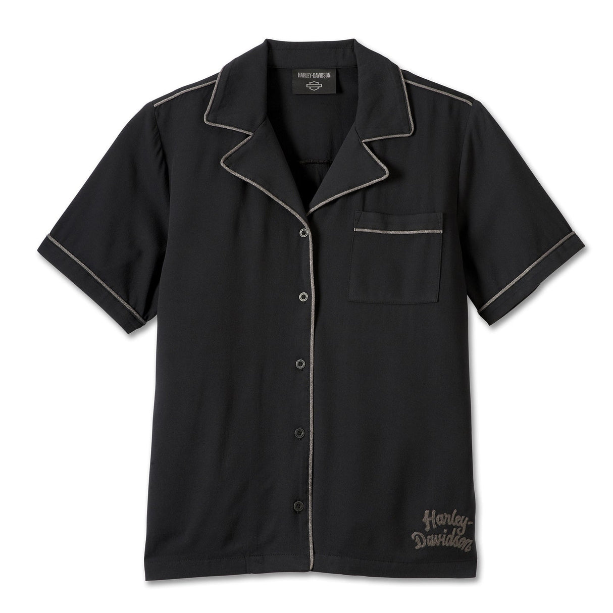 Harley-Davidson women's club crew shirt in black with contrast piping and a patch left chest pocket, featuring chainstitch embroidery on the front.