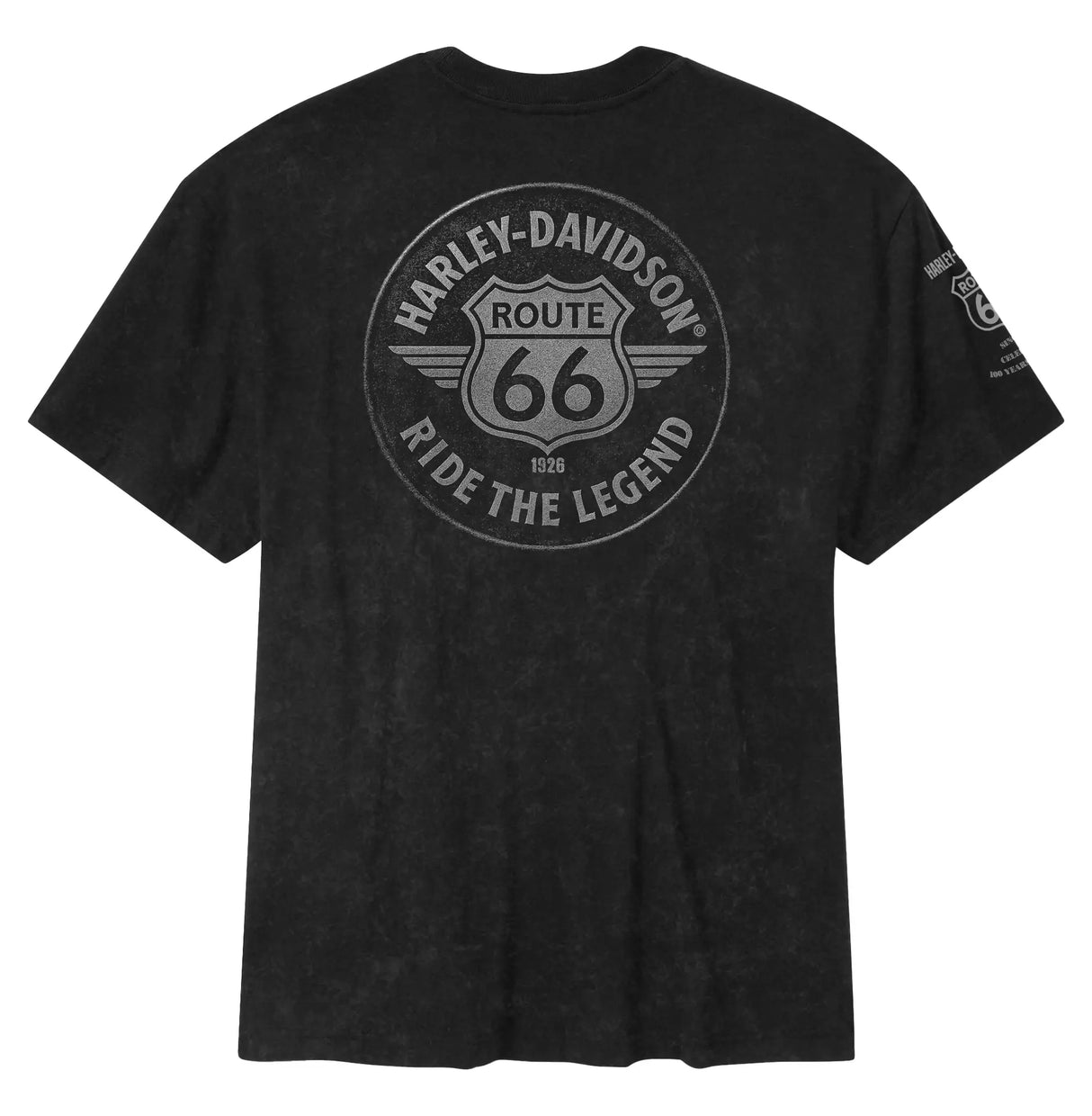 Black t-shirt with Harley-Davidson Route 66 graphic on a white background
