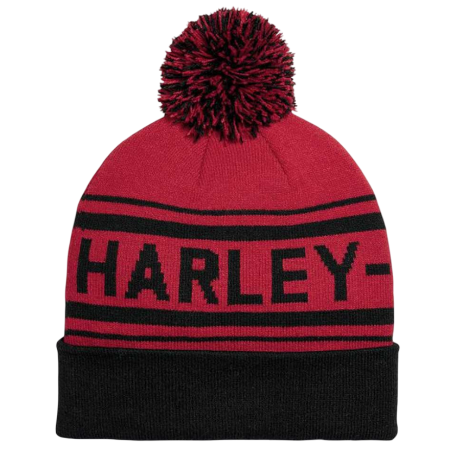 Red beanie with black pom-pom and 'HARLEY' branding on a white background