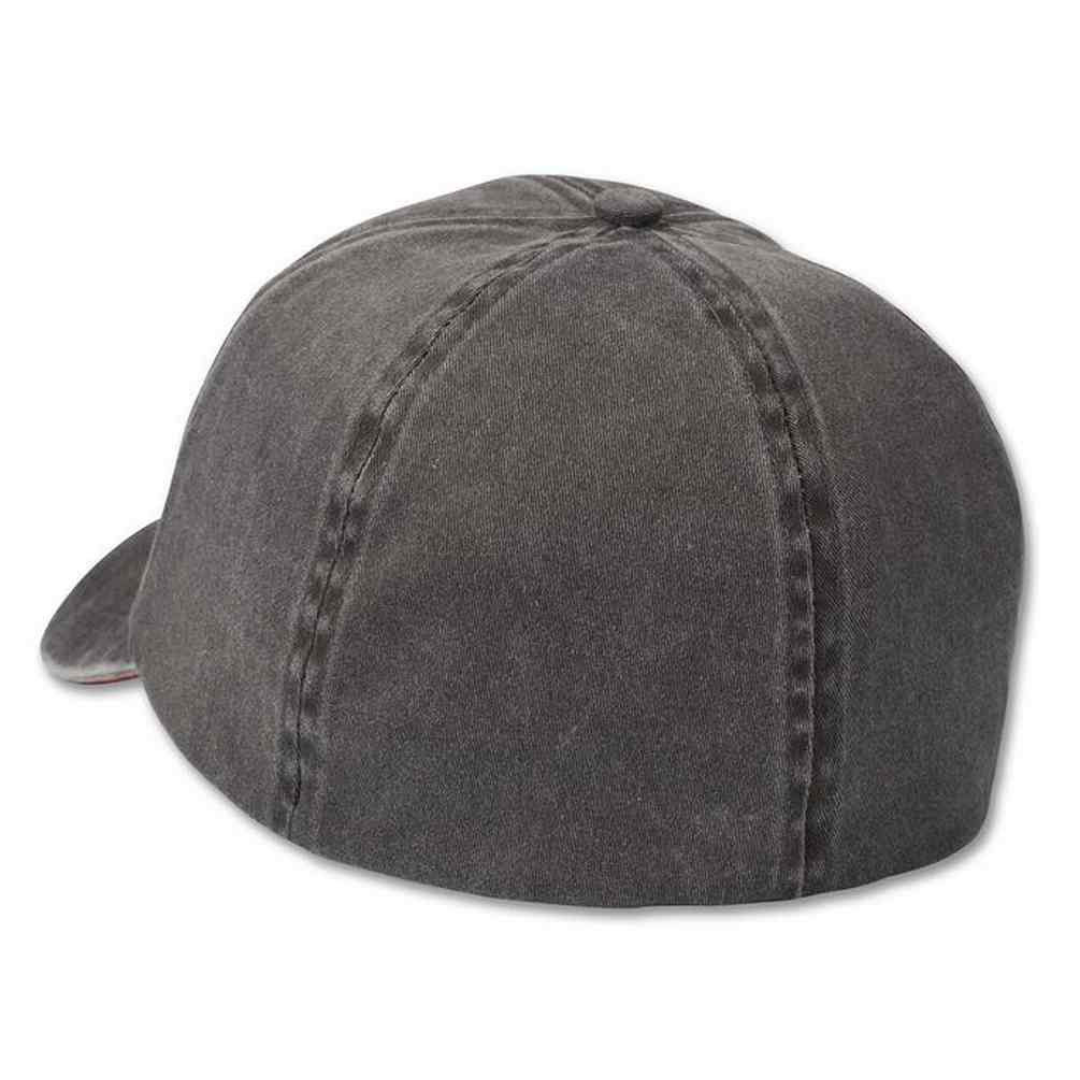 Back view of a gray denim cap on a white background