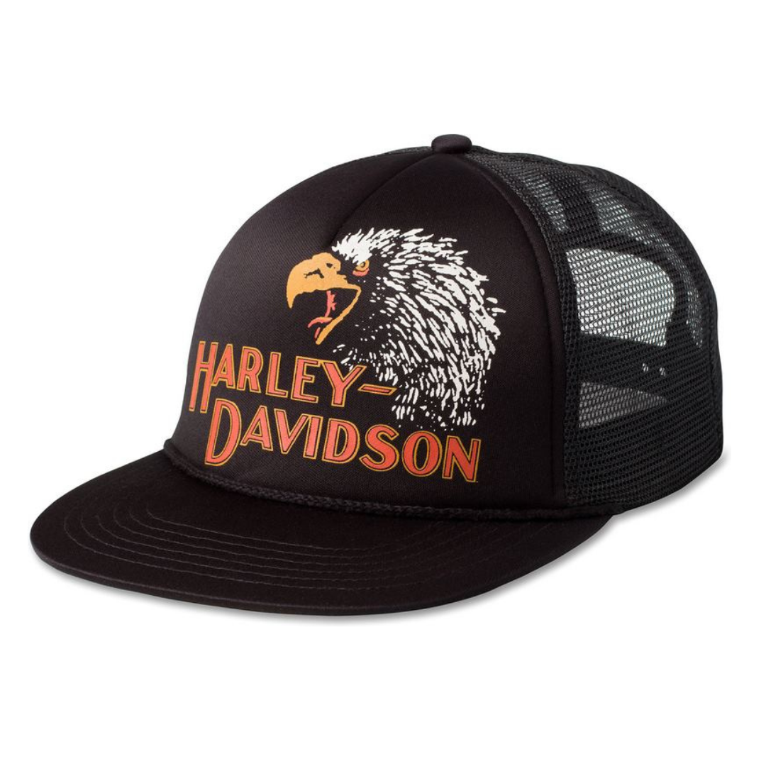 Black Harley-Davidson cap with an eagle emblem on a white background