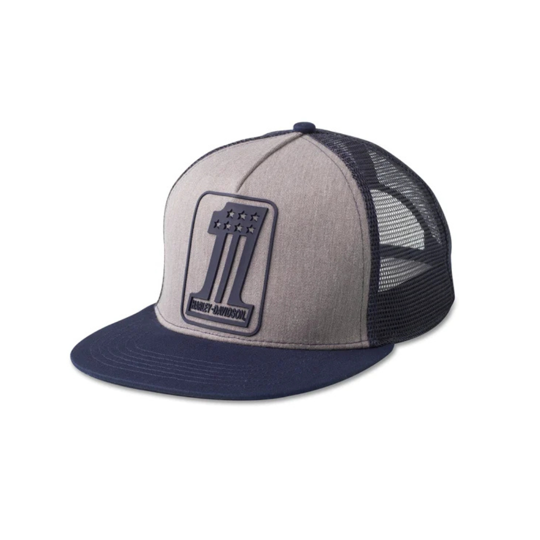 Gray and navy trucker hat with a logo on a white background