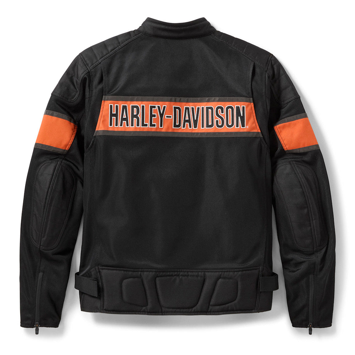 Black motorcycle jacket with orange accents and 'Harley-Davidson' logo on a white background