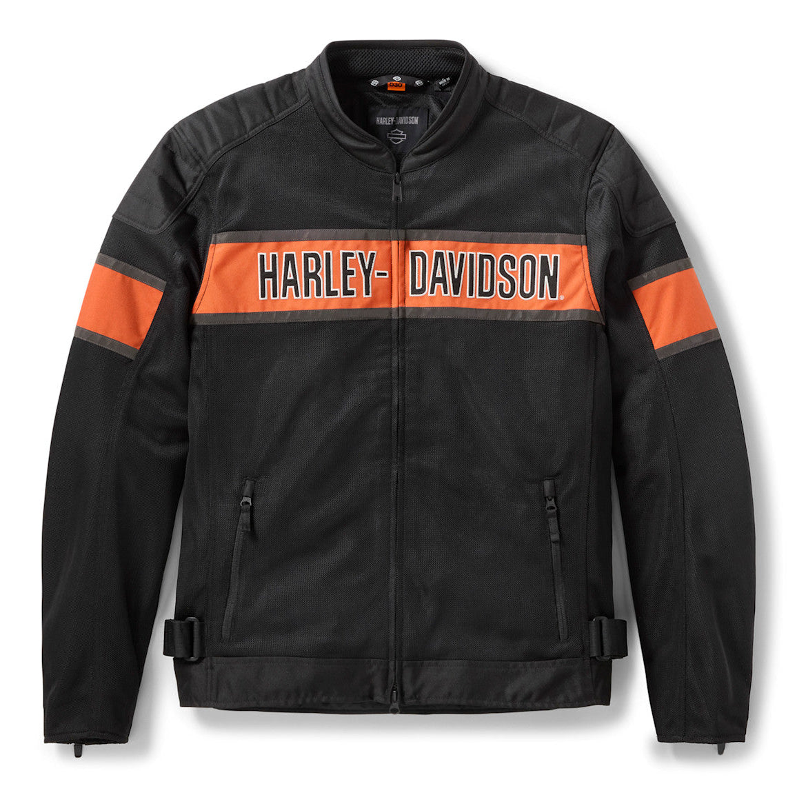 Black motorcycle jacket with orange accents and Harley-Davidson logo on a white background
