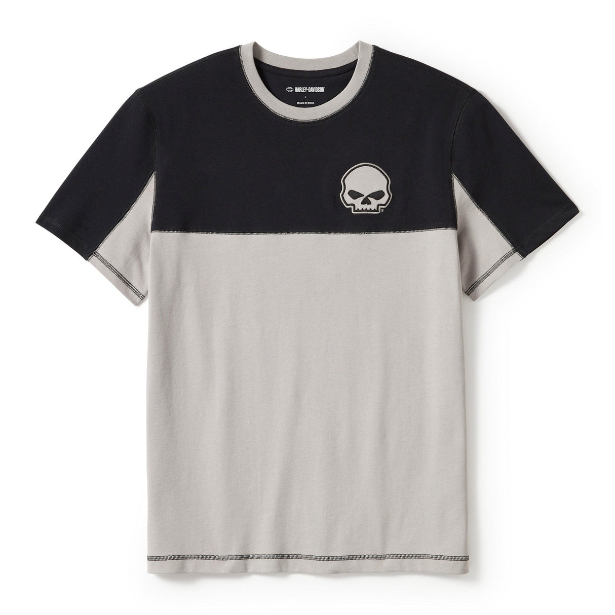 Two-tone black and gray t-shirt with a skull logo on a white background