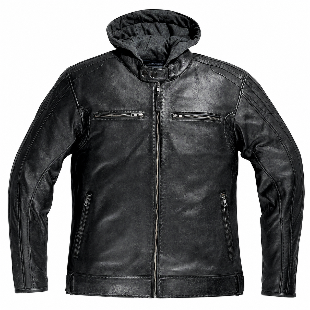 Black leather jacket with a hood on a white background