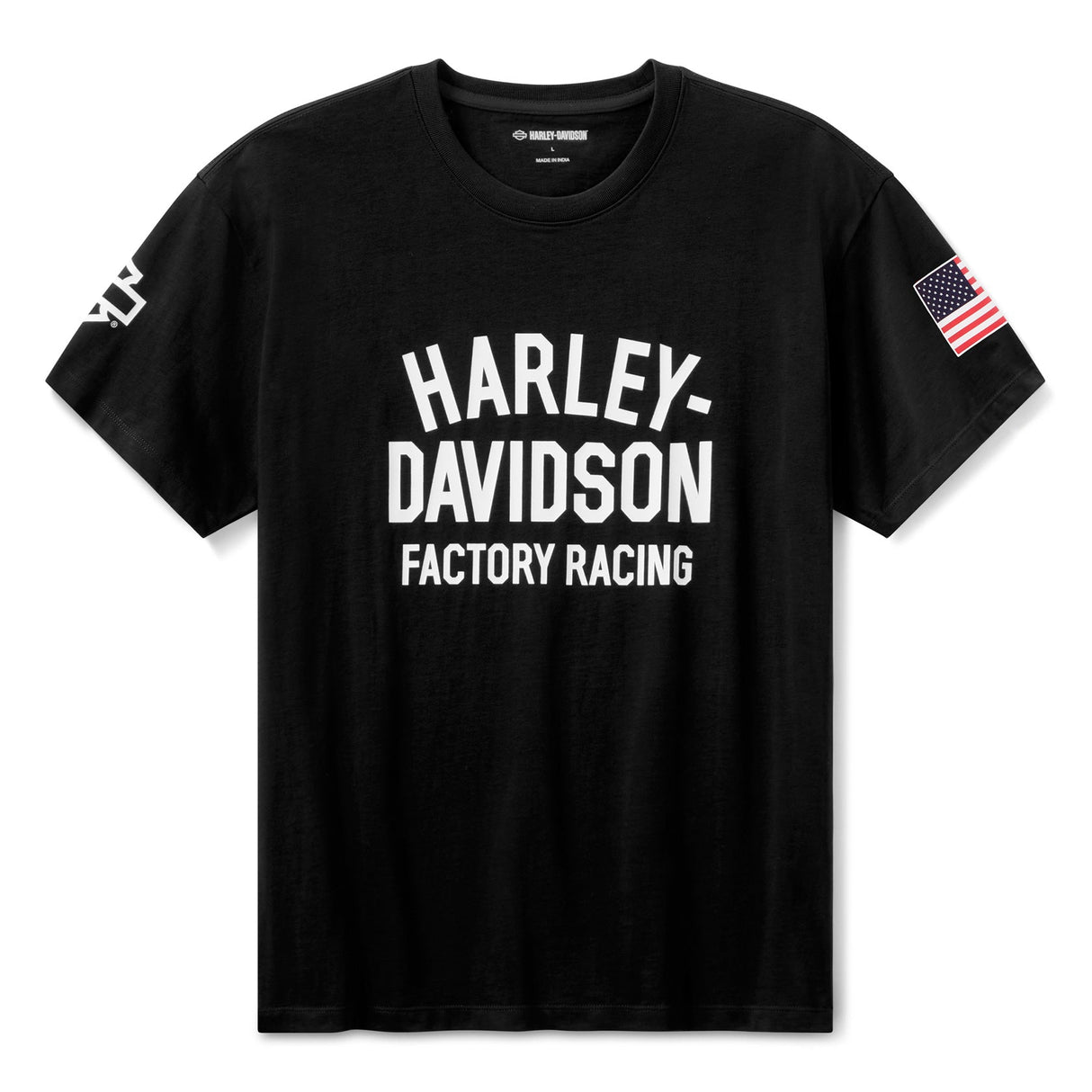 Black t-shirt with Harley-Davidson Factory Racing logo on a white background