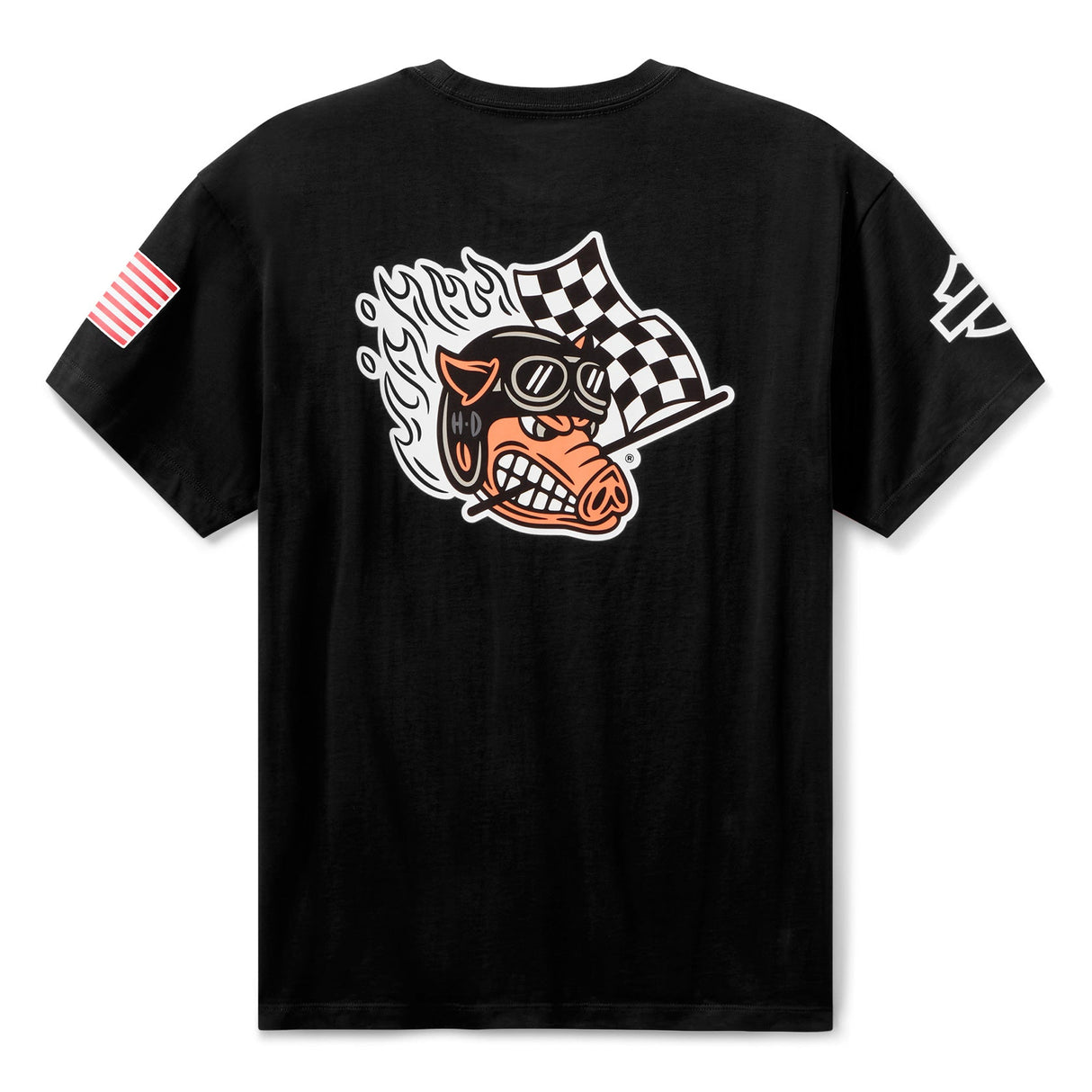 Black t-shirt with a graphic design on a white background