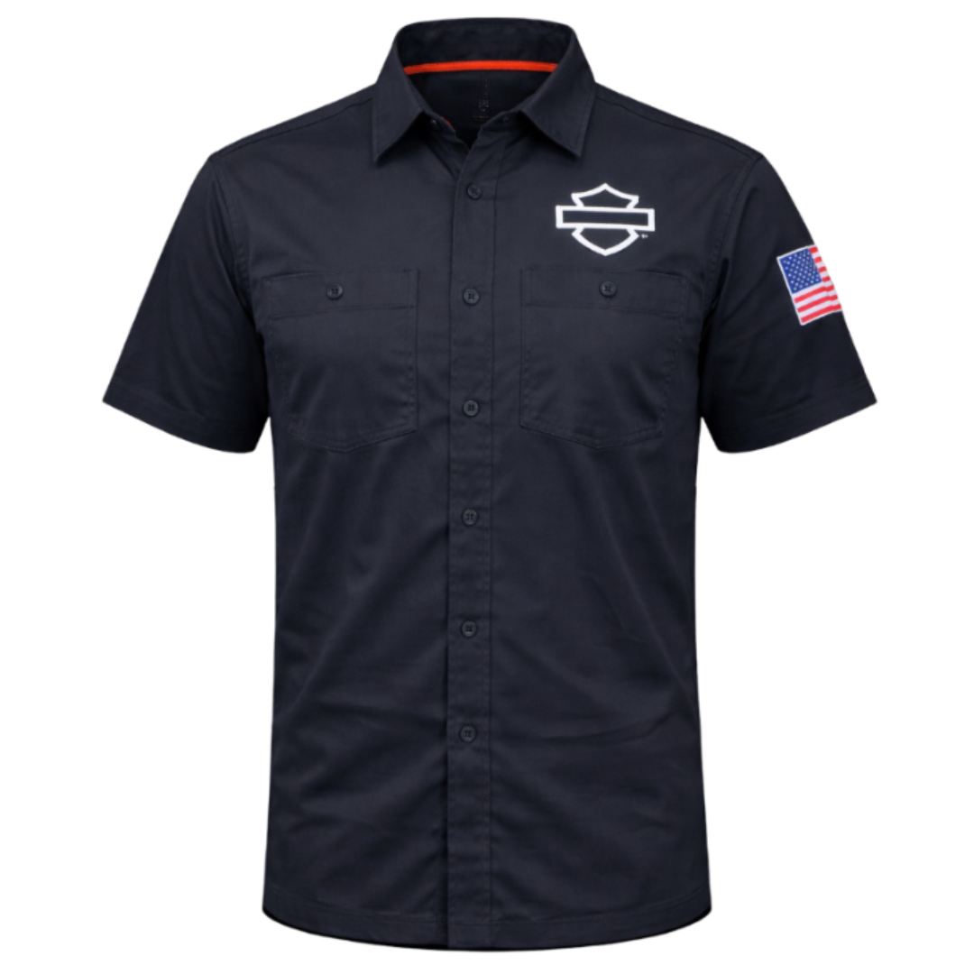 Black short-sleeve shirt with a logo and American flag patch on a white background