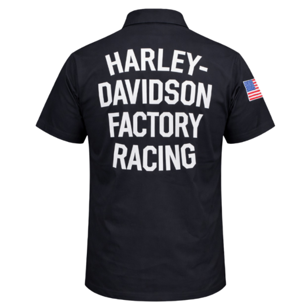Black shirt with 'Harley-Davidson Factory Racing' text on the back, featuring an American flag patch.
