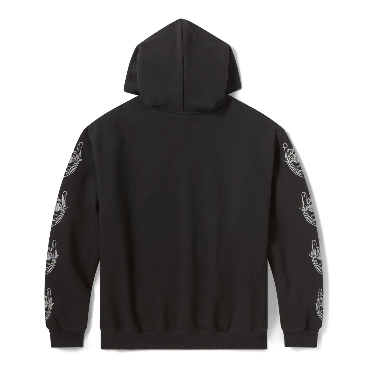 Black hoodie with white graphic designs on sleeves against a white background