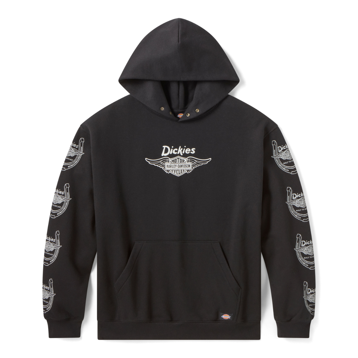 Black hoodie with Dickies logo and branding on a white background