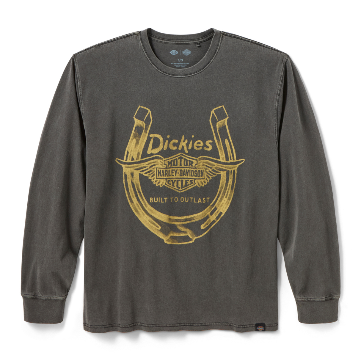 Gray long-sleeve shirt with yellow graphic and 'Dickies' branding on a white background
