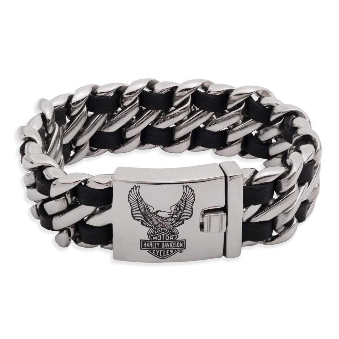 Harley-Davidson Men's B&S Flying Eagle Leather Stainless Steel Bracelet