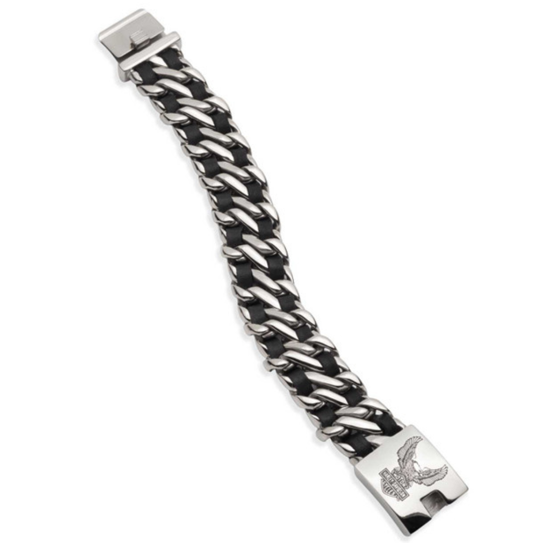 Harley-Davidson Men's B&S Flying Eagle Leather Stainless Steel Bracelet