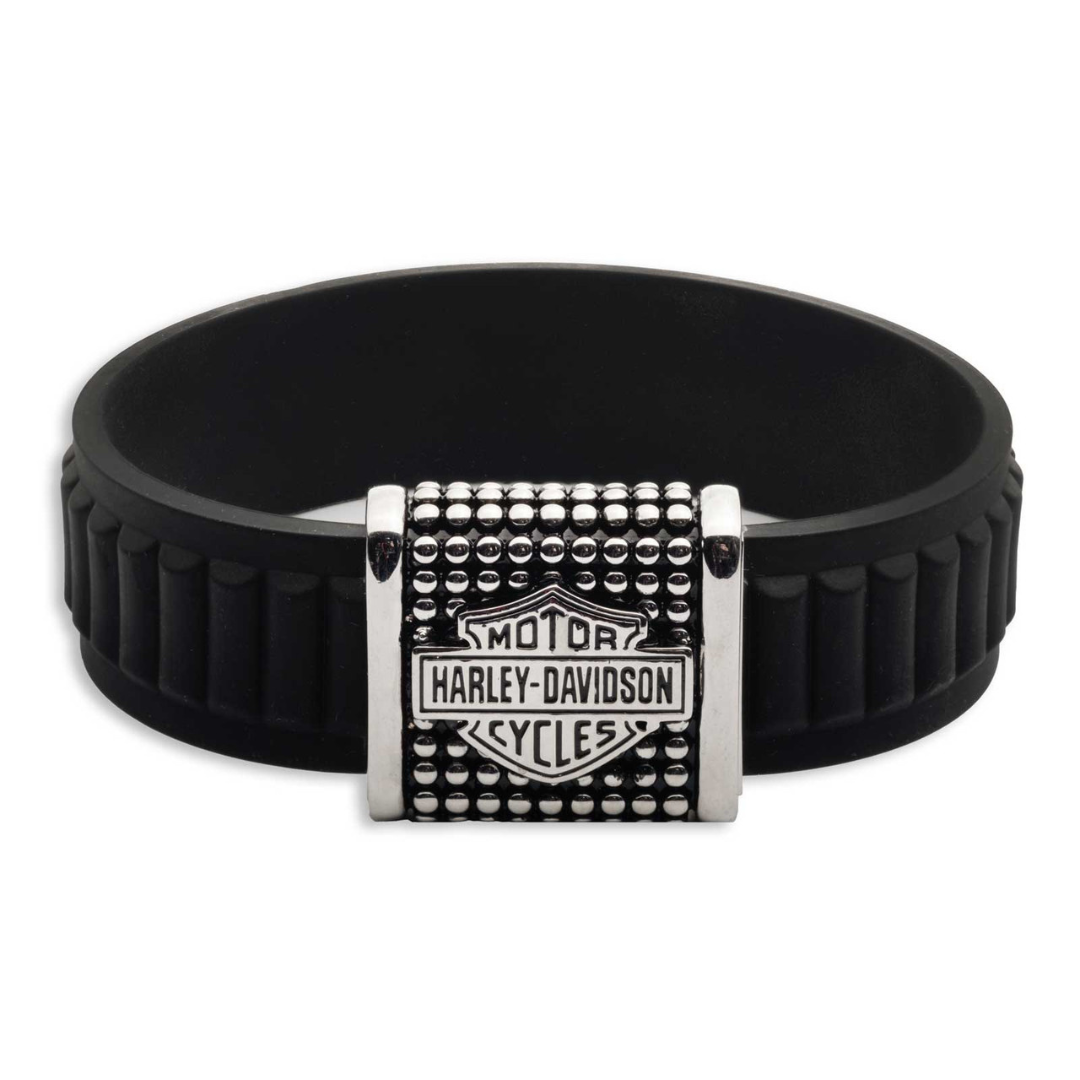 Harley-Davidson Men's 9 in. Bar & Shield Stud Silicone Bangle Bracelet, Black