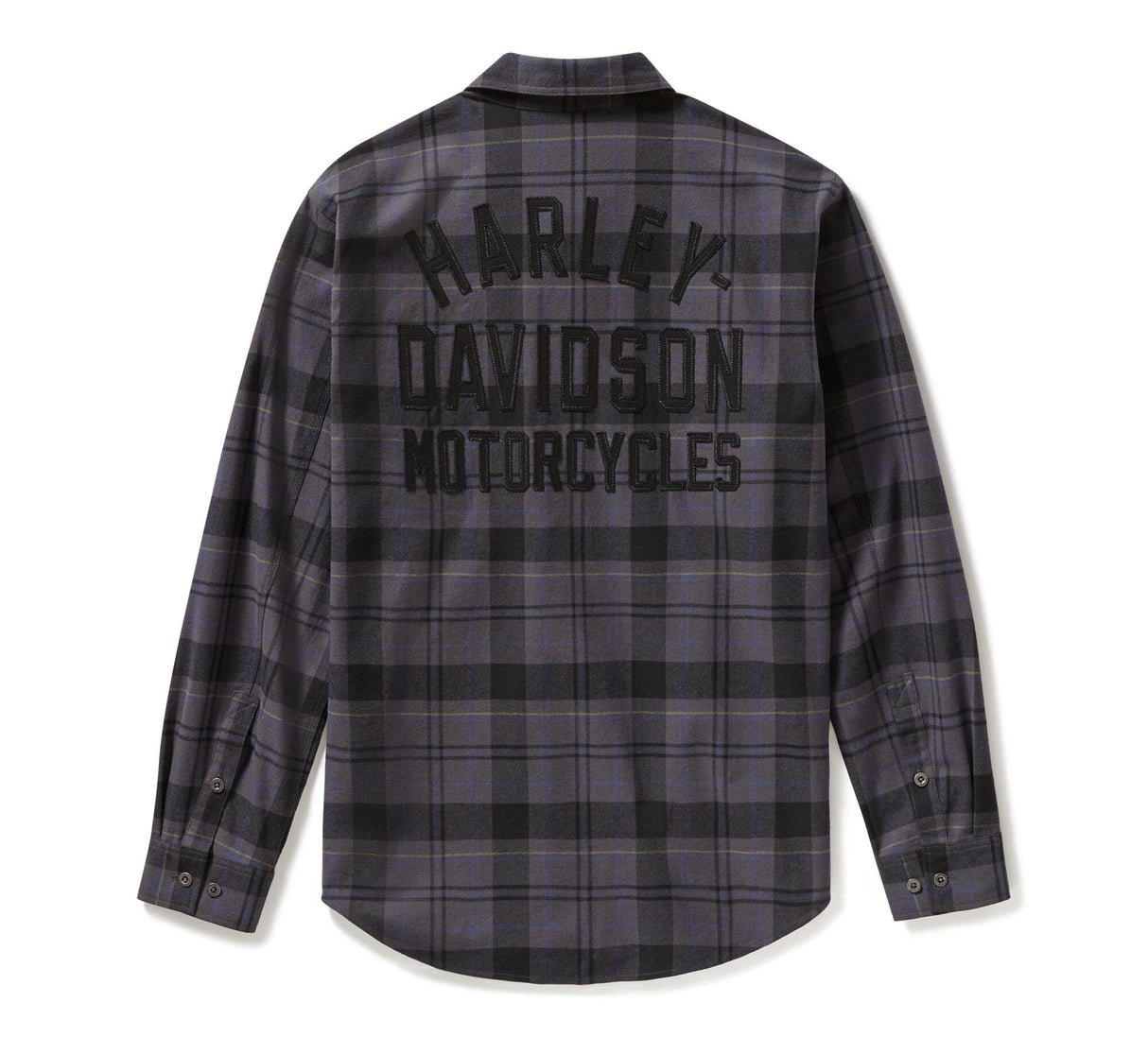 Plaid shirt with 'Harley Davidson Motorcycles' text on the back against a white background