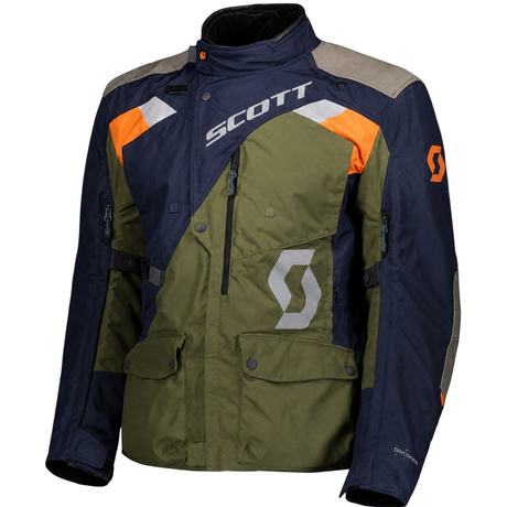 Scott jacket with a mix of green, navy, and orange colors on a white background