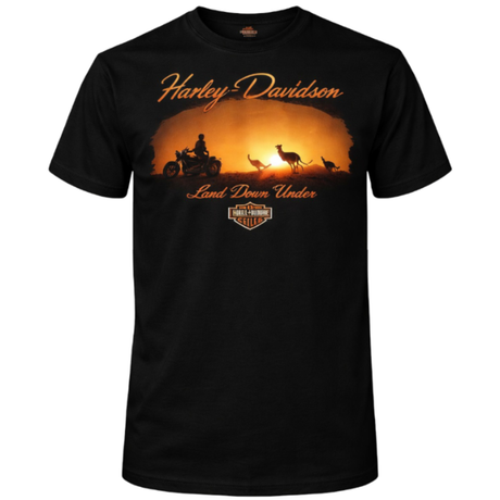 Black t-shirt with Harley Davidson graphic of a sunset over a landscape with people and motorcycles.