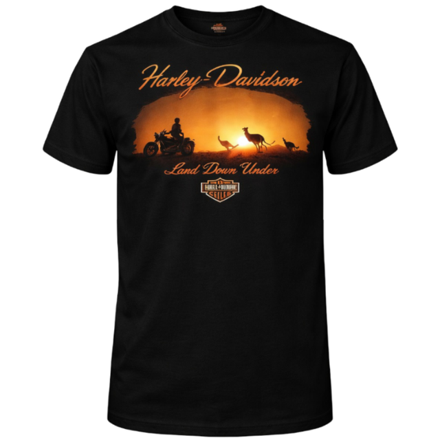 Black t-shirt with Harley Davidson graphic of a sunset over a landscape with people and motorcycles.