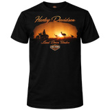 Black t-shirt with a sunset graphic and 'Harley Davidson' branding on a white background