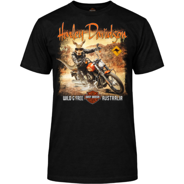 Black t-shirt with Harley Davidson graphic featuring a rider on a motorcycle.