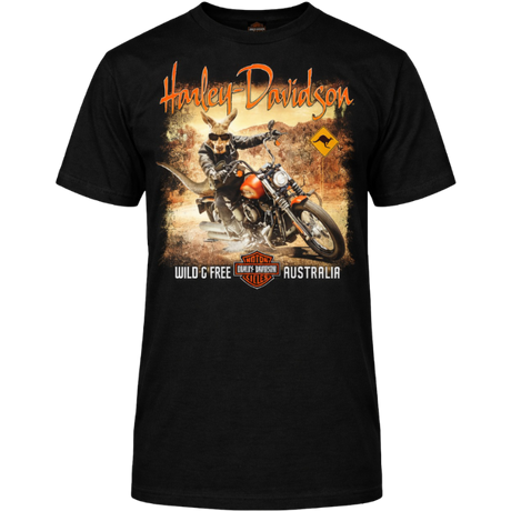Black t-shirt with Harley Davidson graphic featuring a rider and motorcycle on a white background