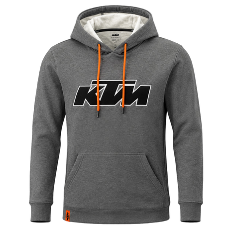 Gray hoodie with KTM logo and orange drawstrings on a white background