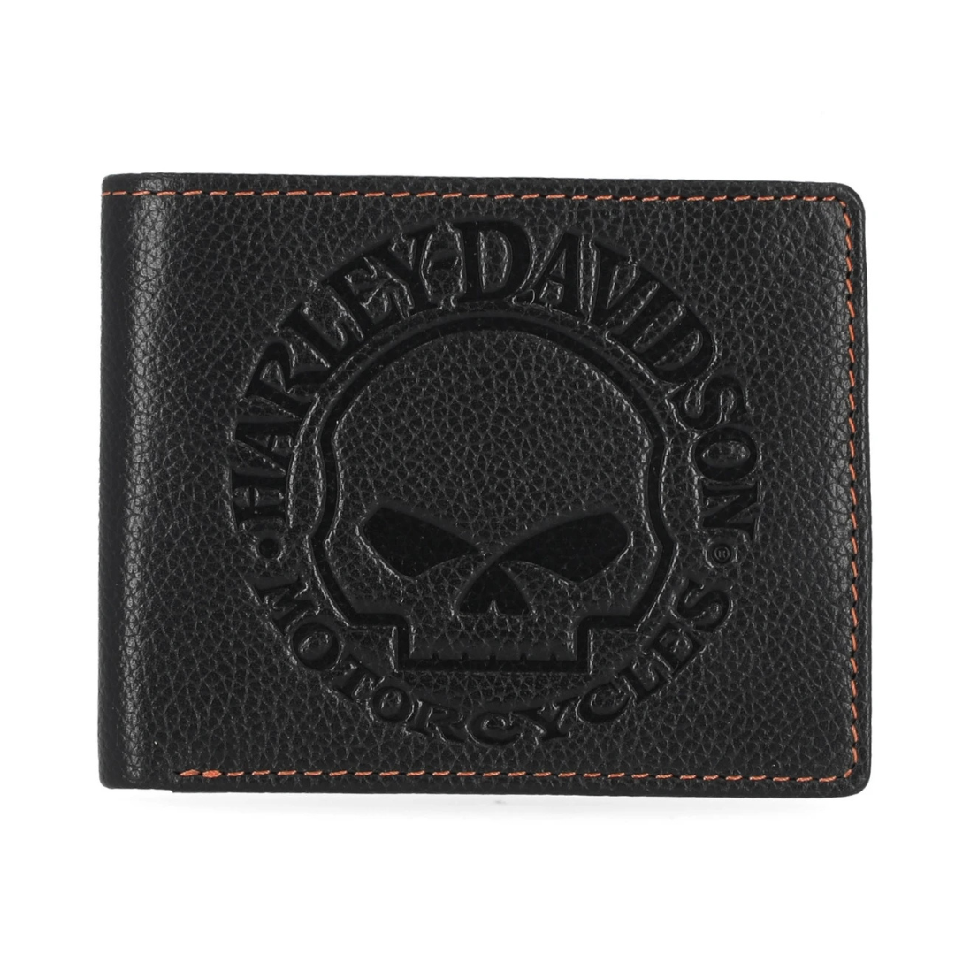 Harley-Davidson Men's Classic Genuine Pebble Leather Skull Passcase Wallet - Black