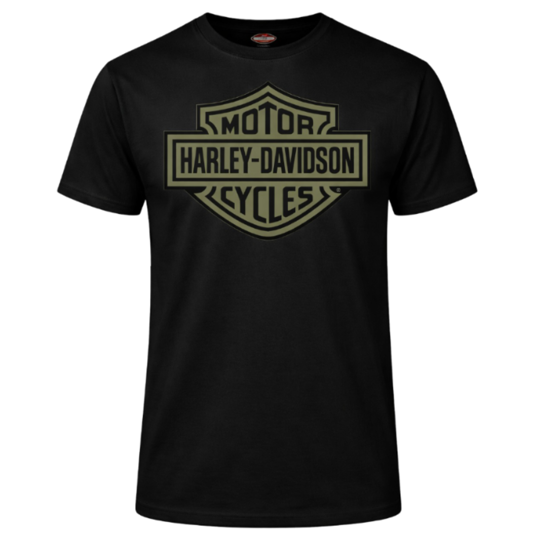 Black t-shirt with Harley-Davidson logo on a white background
