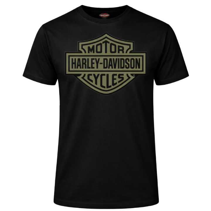Black t-shirt with Harley-Davidson logo on a white background
