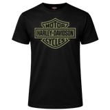 Black t-shirt with Harley-Davidson logo on a white background